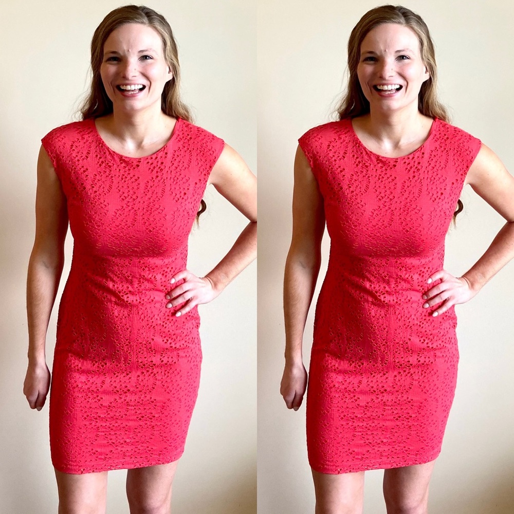 Bisou Bisou coral eyelet fitted bodycon dress sz 4